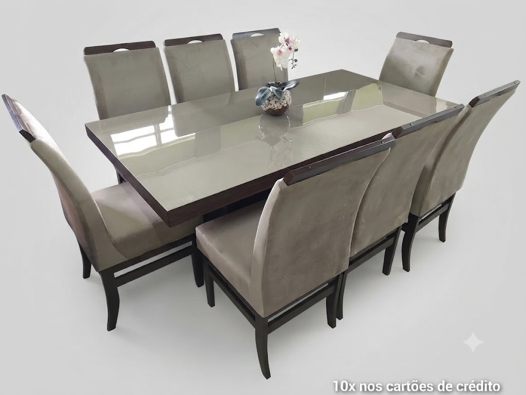 Mesa de vidro com 8 cadeiras