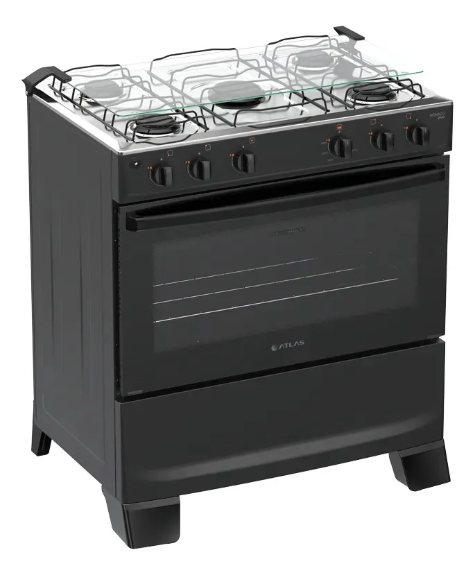Fogão 5 Bocas Atlas Mônaco Plus com Mesa de Inox e Forno de 82 Litros Preto Bivolt