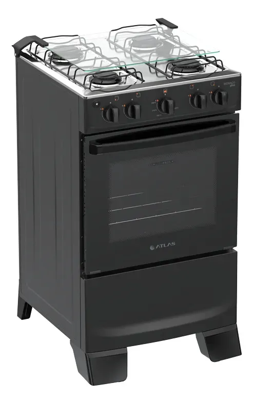 Fogão 4 Bocas Atlas Mônaco Plus com Mesa de Inox Automático Preto Bivolt